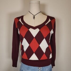 XXI Argyle Sweater Womens Large‎ Maroon Orange White V Neck Long Sleeve Knit